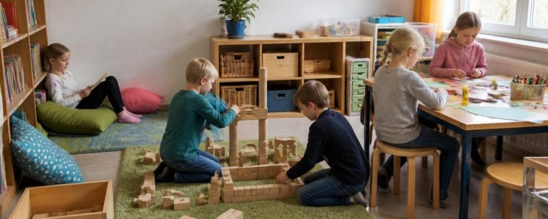 Illustration (KI-generiert): Hortraum mit Leseecke, Bauteppich und Basteltisch, Kinder lesen und spielen in den verschiedenen Bereichen
